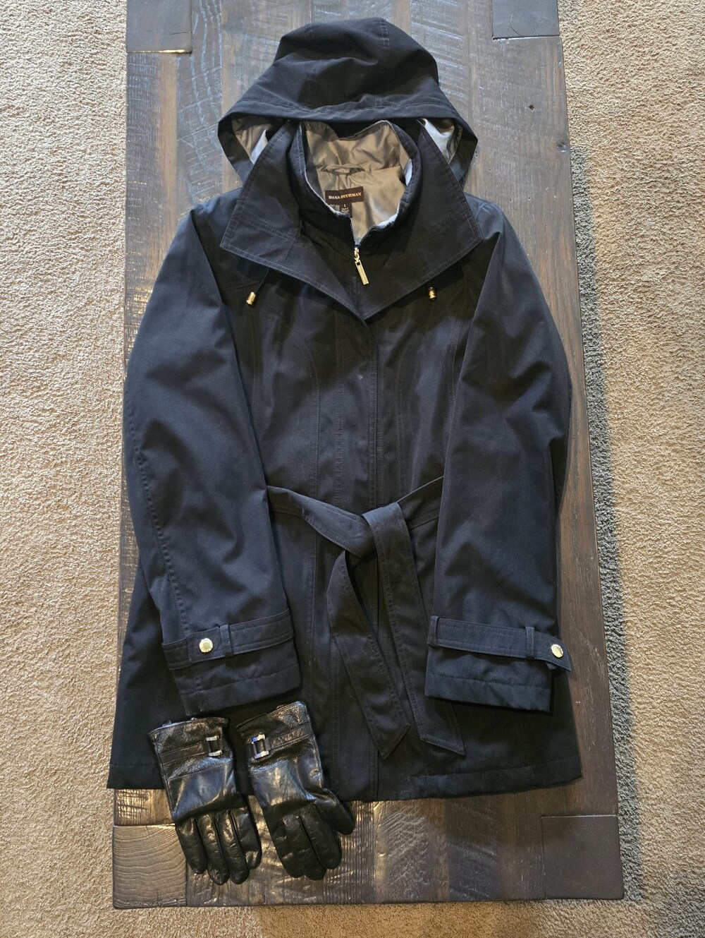 Dana Buchman Dark Navy Hooded Trench with Tie Belt